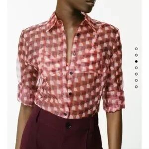 Zara Printed red sheer Organza Button Down multicolored blouse top medium